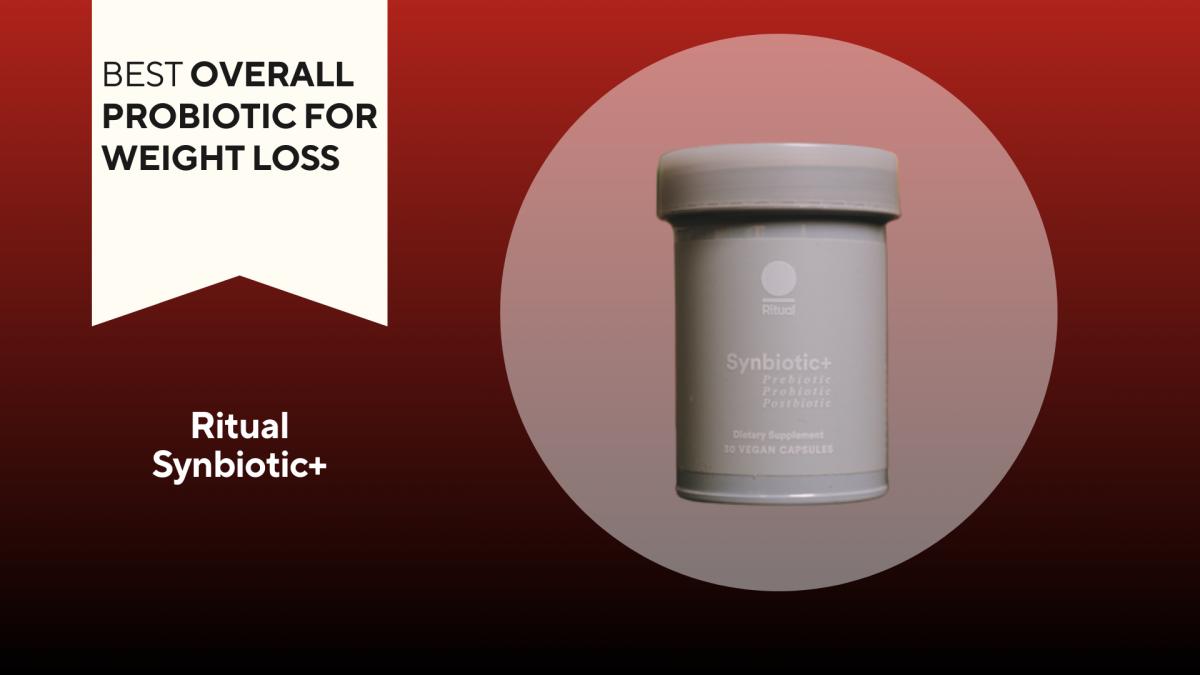 A red and black background with a white banner that reads best overall probiotic for weight loss beside a gray bottle of Ritual Synbiotic+ probiotic and prebiotic supplement